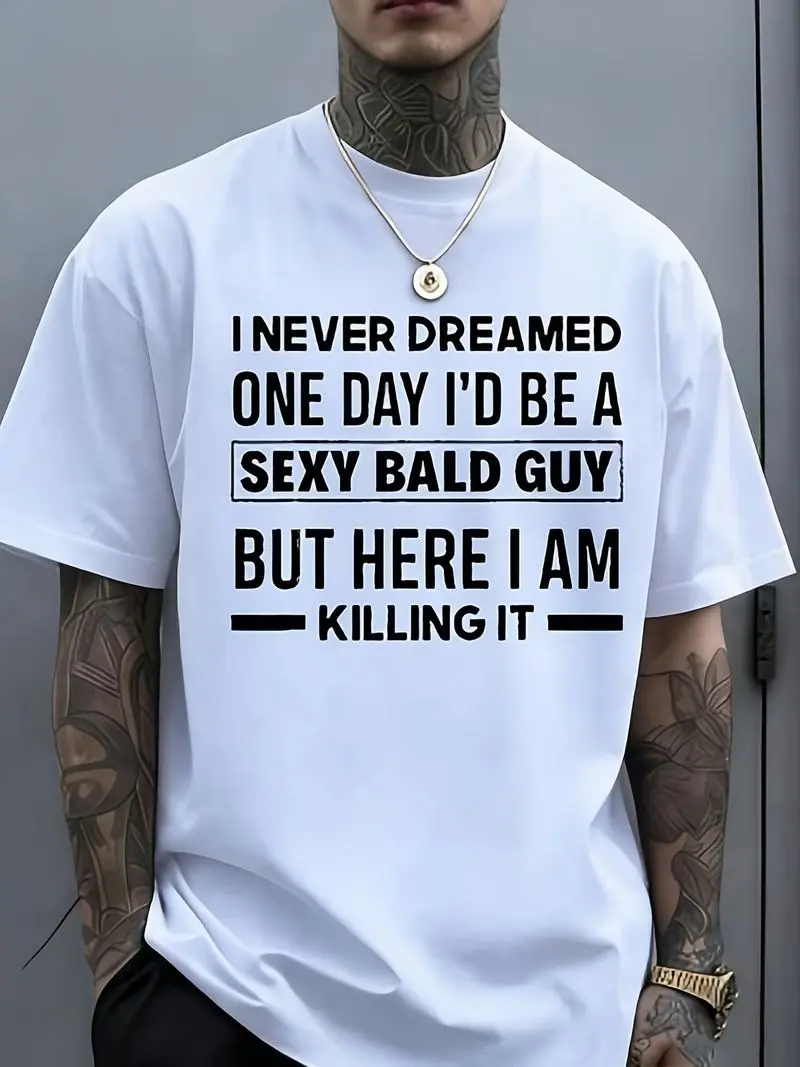 Humorous Quote TShirt for Bald Men Made of Crew Neck Design Casual Streetwear Medium Stretch Graphic Patterned Top Suitable for Sports And Celebrations Blackpixianai01, PLUS SIZE