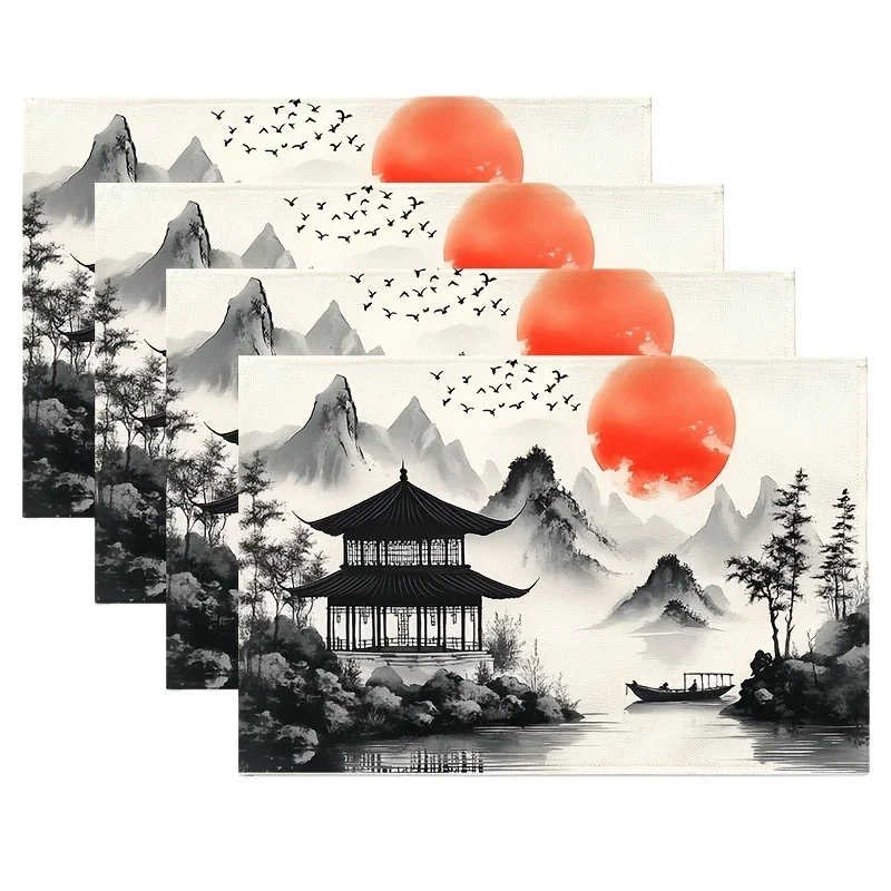 1PC Chinese Landscape Painting a Pavilion Placemats Farmhouse Dining Table Place Mats Spring Summer Country Rustic Kitchen Deco