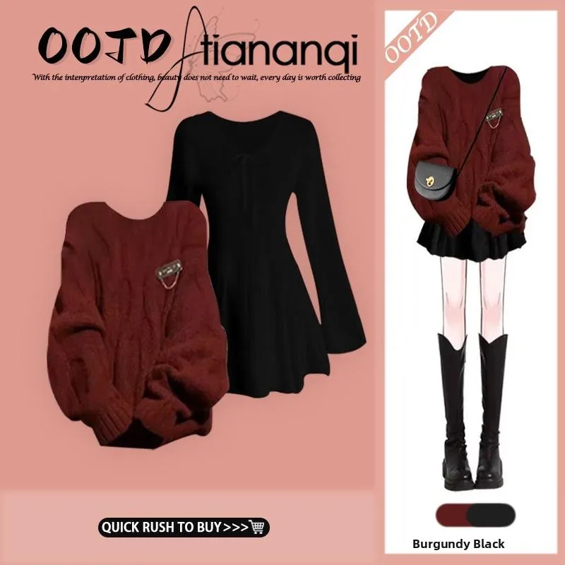 

Red Twisted Knit Sweater Women's Autumn Winter New Sle Korean Lazy Matching Dr Set Long Sve Faionable Two-Piece Set