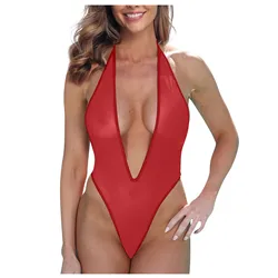 Sexy Woman Deep V Neck Bodysuit High Cut Bikini Jumpsuit One-Piece See-Through Backless Halter Bikini Swimsuit Erotic Lingerie