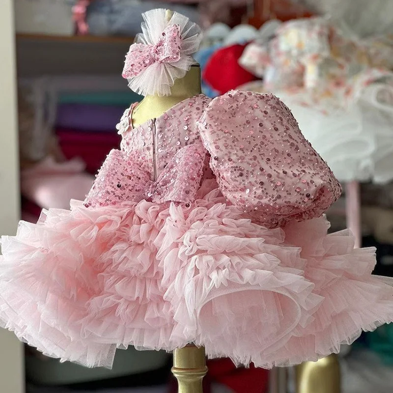 New baby dress wedding 0-12 years old sequin puff sleeve mesh fluffy birthday party elegant girl princess dress