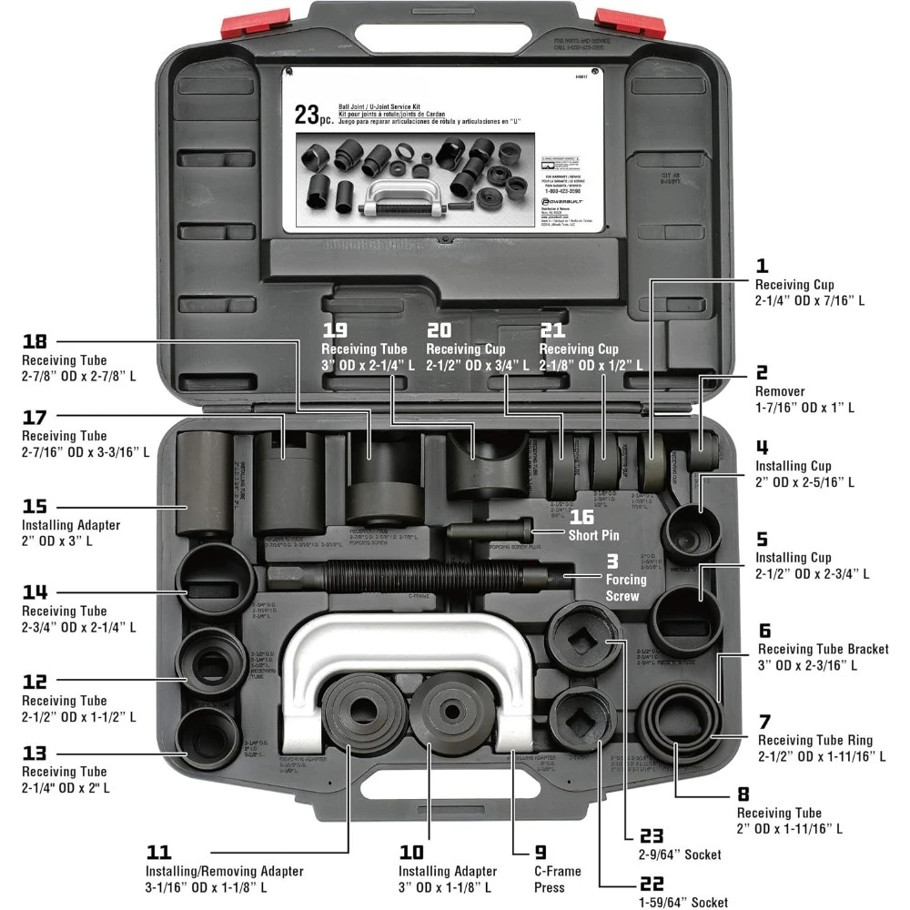 مجموعة أدوات ومعدات/مجموعة خدمة مشتركة للكرة والولايات المتحدة، مجموعة أدوات مكونة من 23 قطعة، إزالة وتركيب وصلات كروية، أنبوب استقبال، محولات، مقابس #3