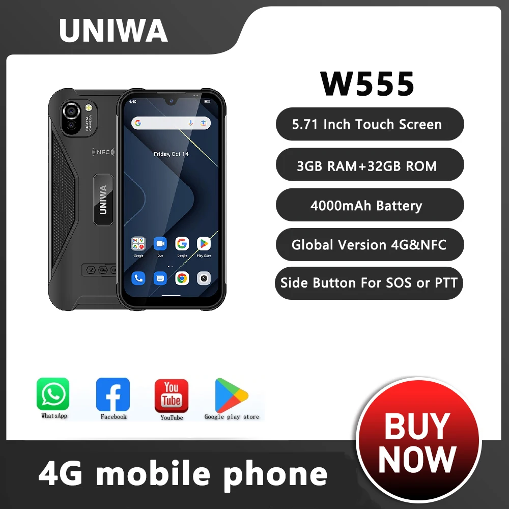 UNIWA W555 Global Version 4G Smartphones Android 12 3G ROM+32G RAM 5.71'' Quad Core Mobile Phones 4000mAh 13MP Rear Camera PTT