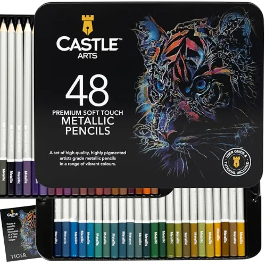 

Metallic Colored Pencil Set 48 Shimmering Shades with Wax Cores for Professional and Adult Artists Presented in Tin Case