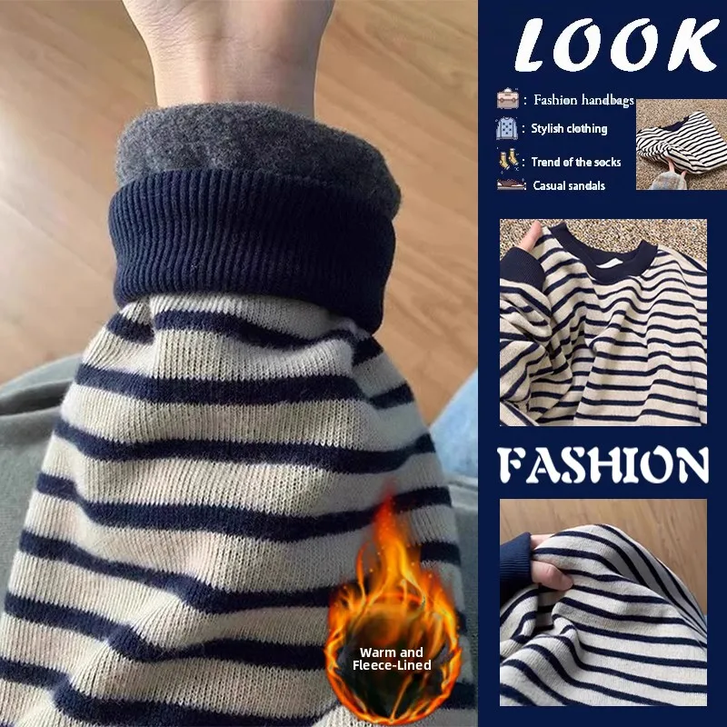 

Women's Loose Fit Fleece Lined Thickened Stripe Sweatshirt Autumn Winter Outerwear Coat Casual Comfortable Vintage Style