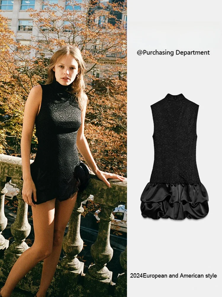 Vestido Curto de Renda Sem Mangas com Patchwork, E e Moderno, Roupa Fena, Nova Coleção Outono 2025, Estilo Tendência