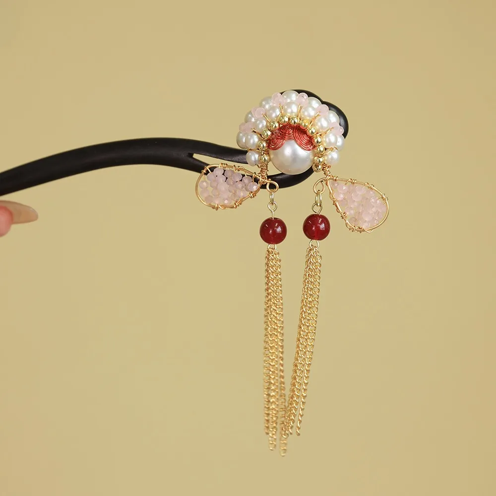 

Temperament Tassel New Chinese Style Hair Clip Pearl Flower Hanfu Hairpin Retro Red Wooden Hair Stick for Women