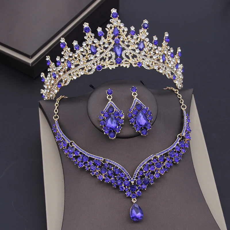 

Gorgeous Blue Crystal Wedding Crown Necklace Sets for Women Bridal Jewelry Sets Earrings Prom Bride Tiaras Jewelry Sets Girls