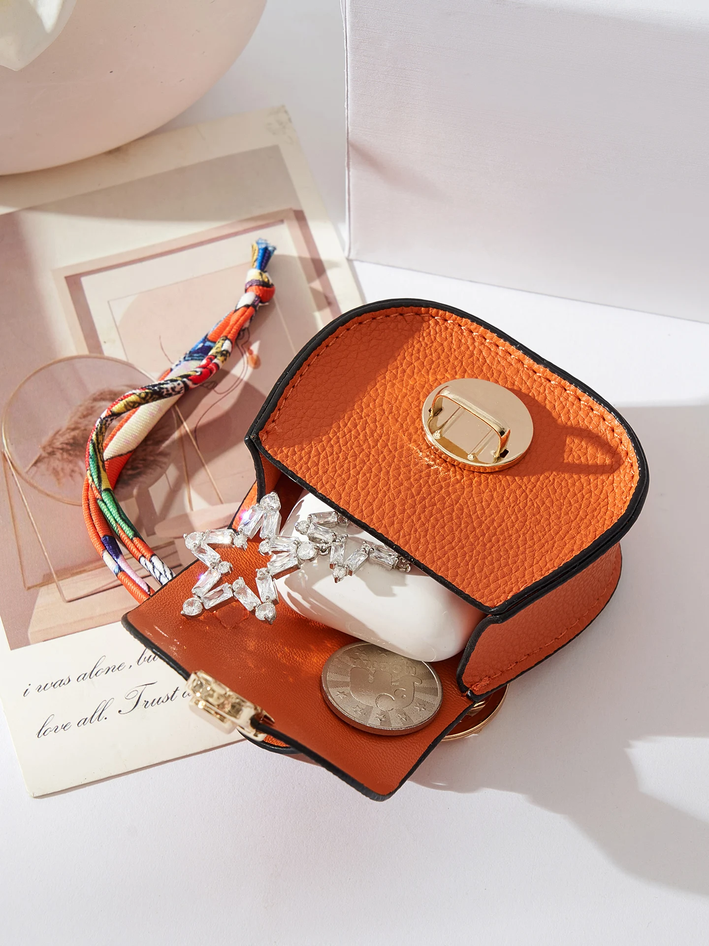 Compact PU Leather Mini Coin Purse Keychain, Half Round Storage Pouch with Scarf Detail for Coins Earphones