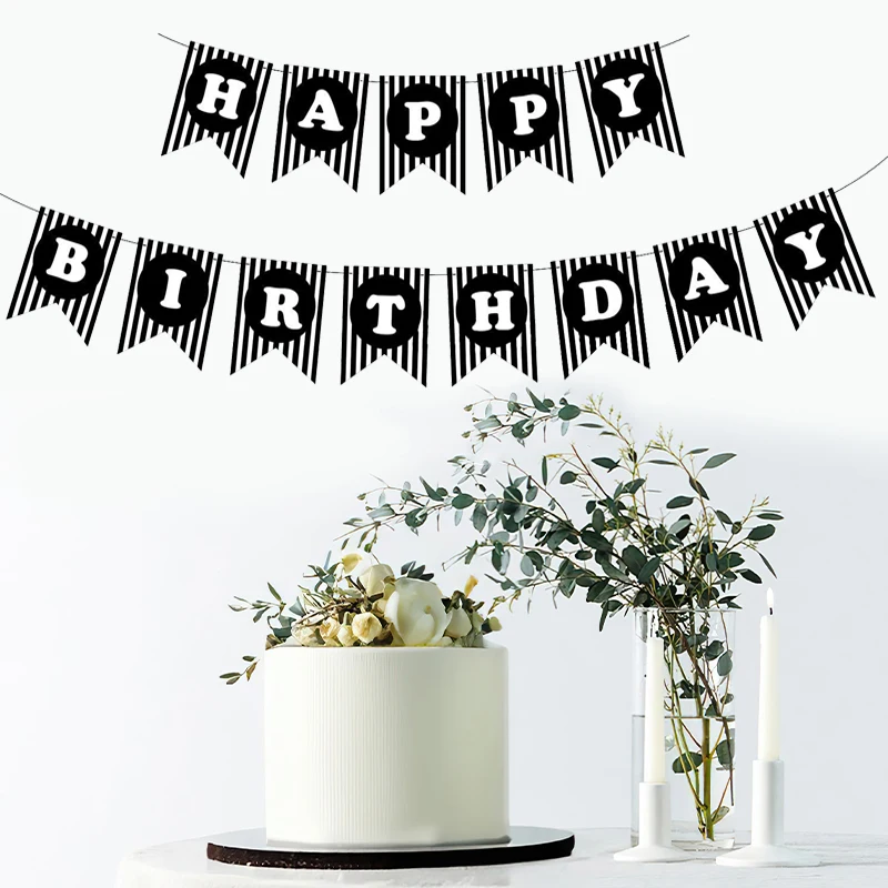 In bianco e nero a righe buon compleanno banner tema torta tavolo decorazione festa tirare bandiera ragazzo ragazza decorazione del partito forniture