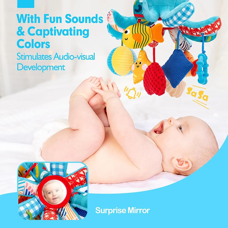 ของเล่นเด็กอ่อน 0-6 เดือน - ของเล่นติดเบาะรถยนต์ รูปปลาหมึก พร้อมเชือกดึง มีเสียงดังเอี๊ยด มีเสียงกรอบแกรบ มีเสียงเขย่า มีกระจก ของเล่นเสริมพัฒนาการแบบมอนเตสซอรี่สำหรับเด็กแรกเกิด