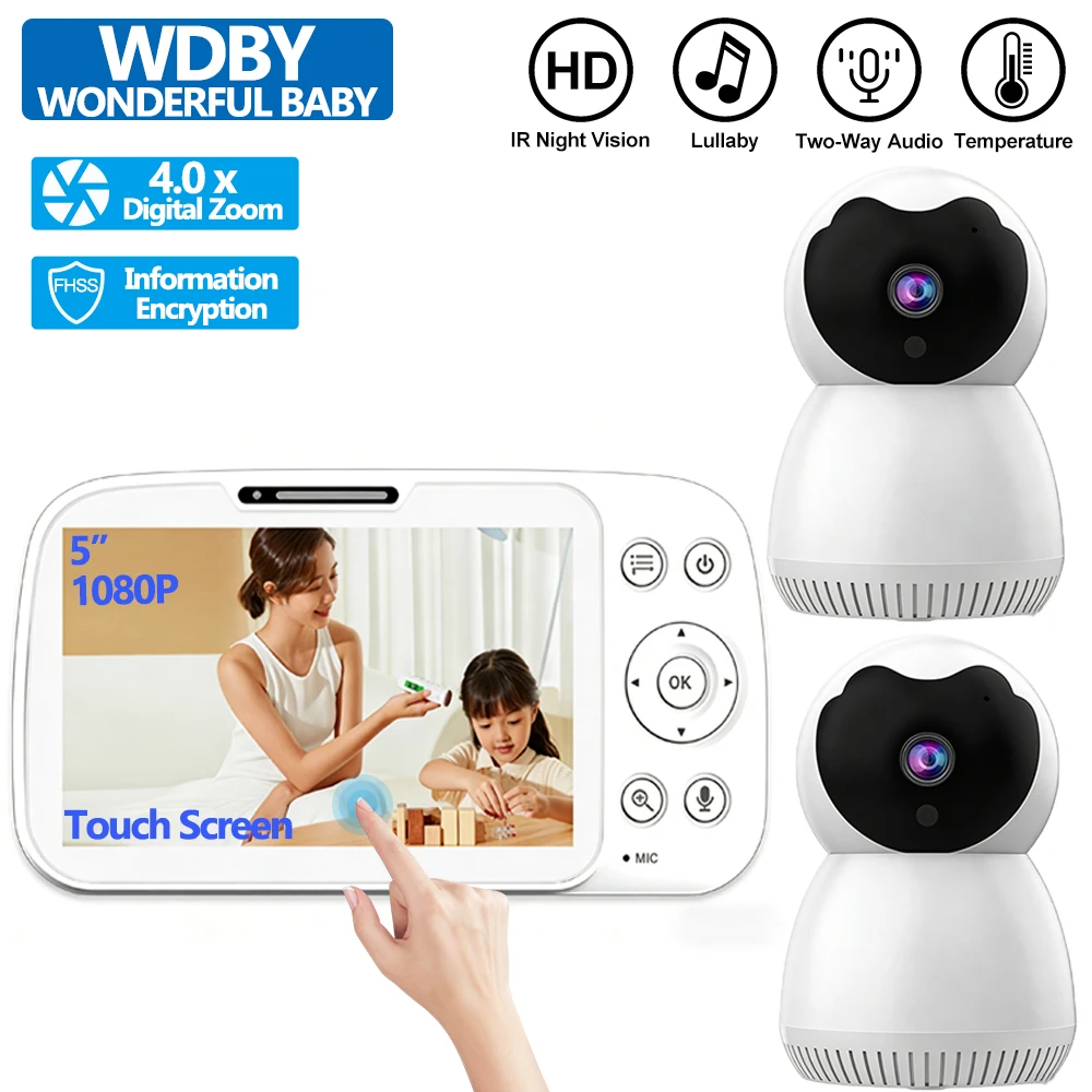 

5-дюймовый сенсорный видеоняня с двумя камерами, 4-кратным зумом, двусторонней аудиосвязью, функцией VOX, колыбельными, ИК-подсветкой для ночного видения, камера для безопасности ребенка