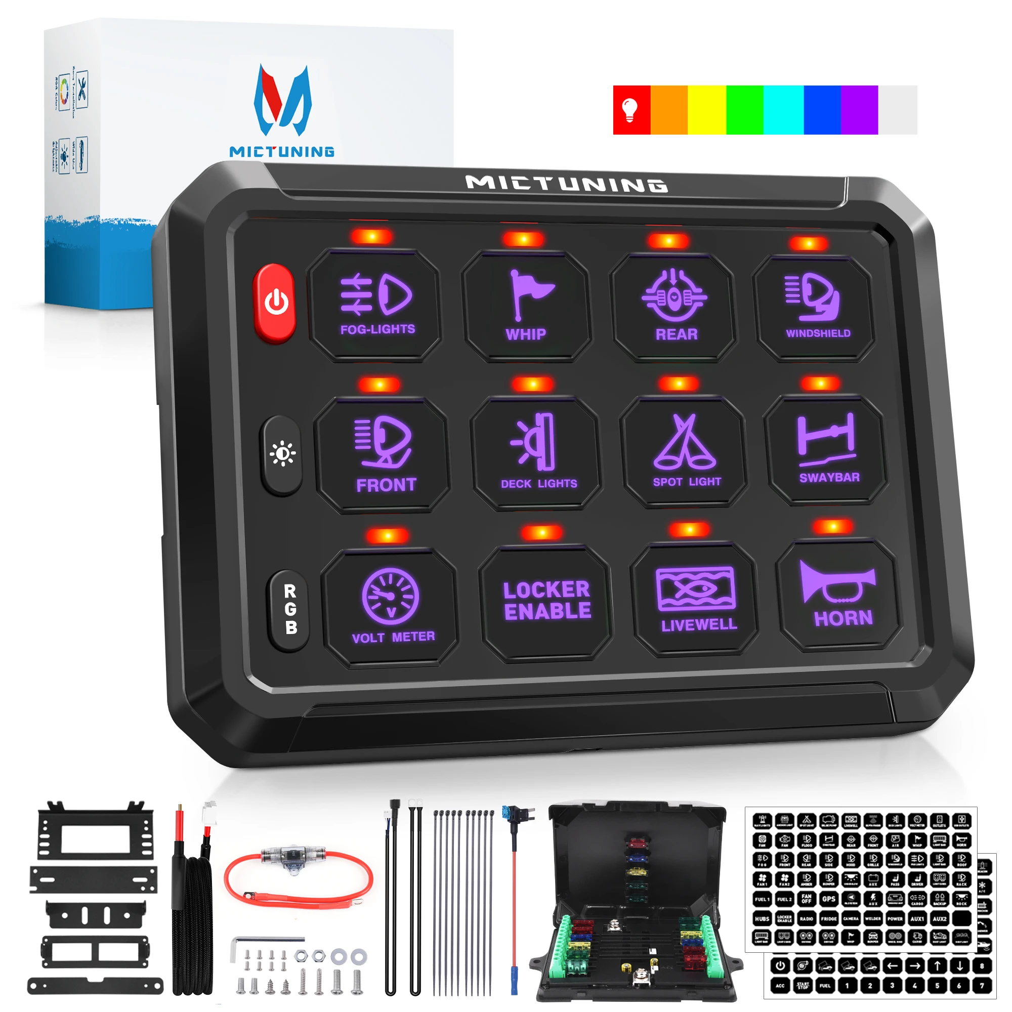 MICTUNING 12V-24V 5-calowy przełącznik RGB 12 Gang 960W-1920W 5-poziomowy obwód jasności sterujący przekaźnikiem skrzynka systemowa dla ciężarówki RV