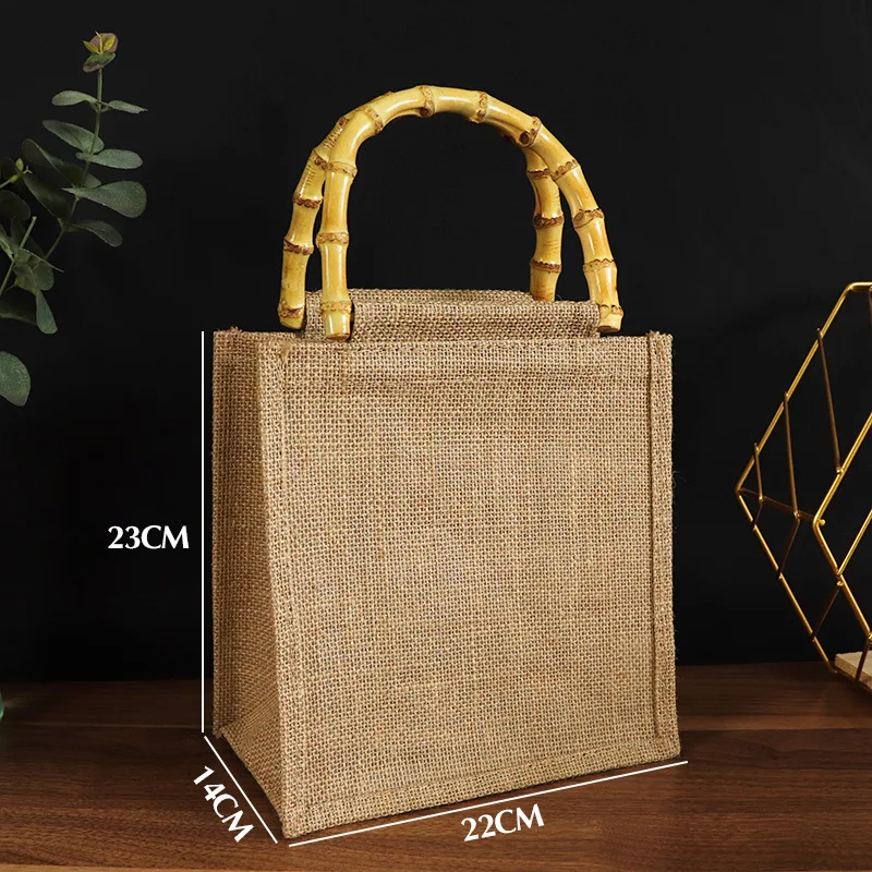 Portable Burlap Jute Shopping Handbag Bamboo Loop DIY Linen Hand Drawn Cotton Sacks Reusable Tote Grocery Bags for Women Girls