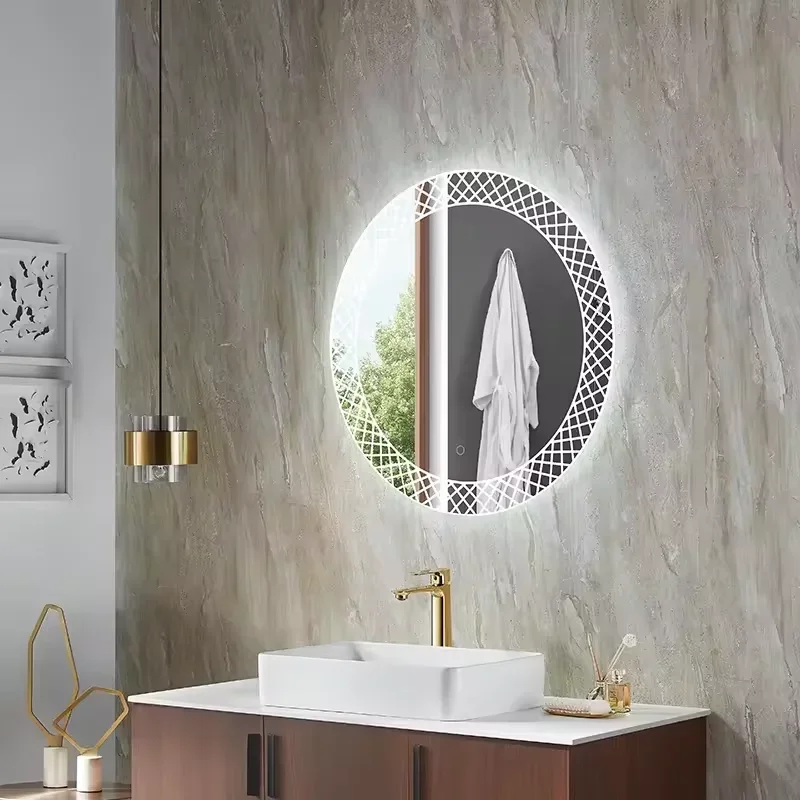 Factory Wholesale Bathroom Round Frameless Lace Waterproof Dressing Mirror LED Lights Modern Smart Touch Wall Mirror