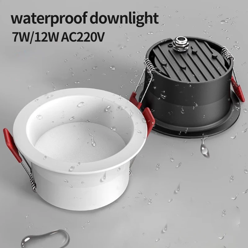 IP65 waterproof downlight AC220V 7W/12W anti-glare kitchen bathroom toilet eaves balcony black and white LED ceiling light spotl