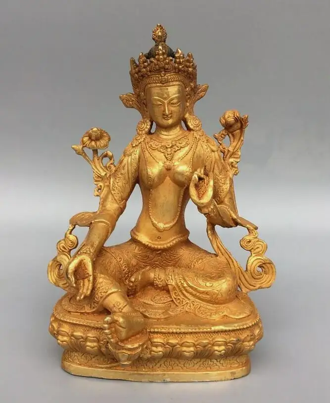 

8.2" Antique old temple Tibetan Buddhism dynasty bronze gilt green tara statue