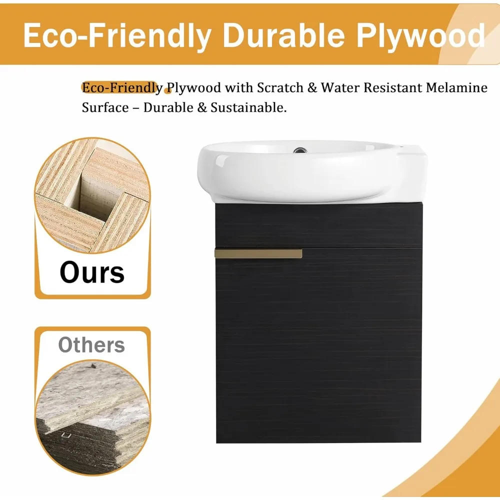 vaidade contemporânea de parede de 16" com pia integrada e armário preto