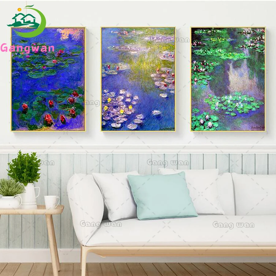 

Monet Lotus Flowers Diamond painting full square round drill Cross Stitch mosaic diamond embroidery Water lily 3 pcs Painting