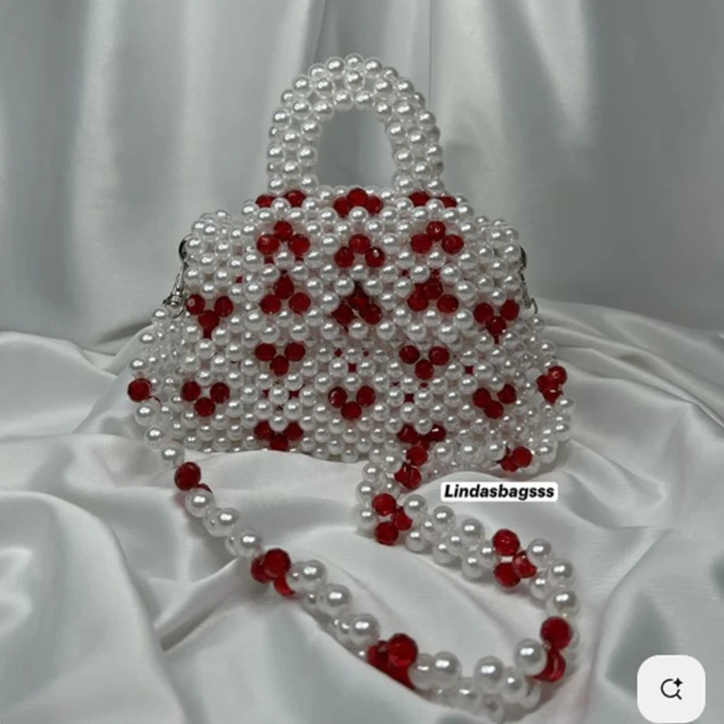 

Advanced Texture Red Heart Design Crossbody Small Square Bag Ins Pearl Making Party Banquet Handbag Valentine's Day Gift
