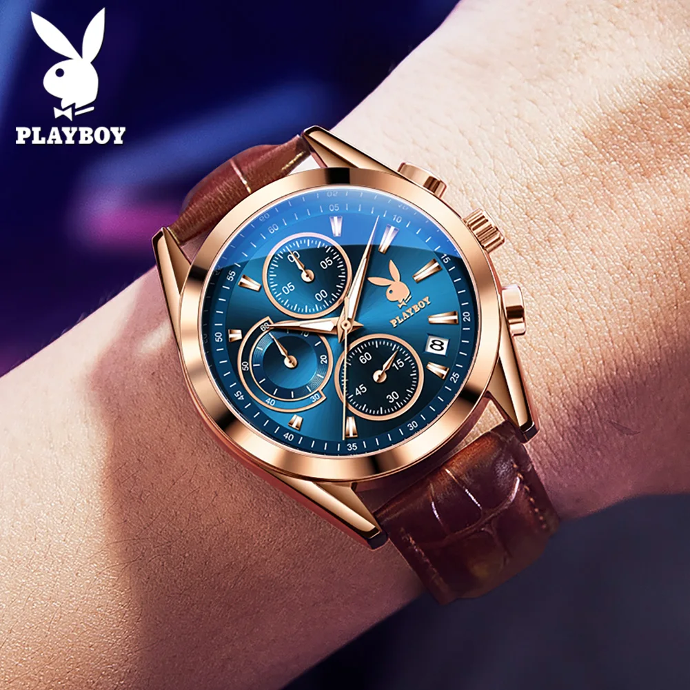 PLAYBOY Top Brand Quartz Watch for Men High Quality Leather Strap Luminous Male Watch Chronograph Auto Date Men\'s Wrist Watches