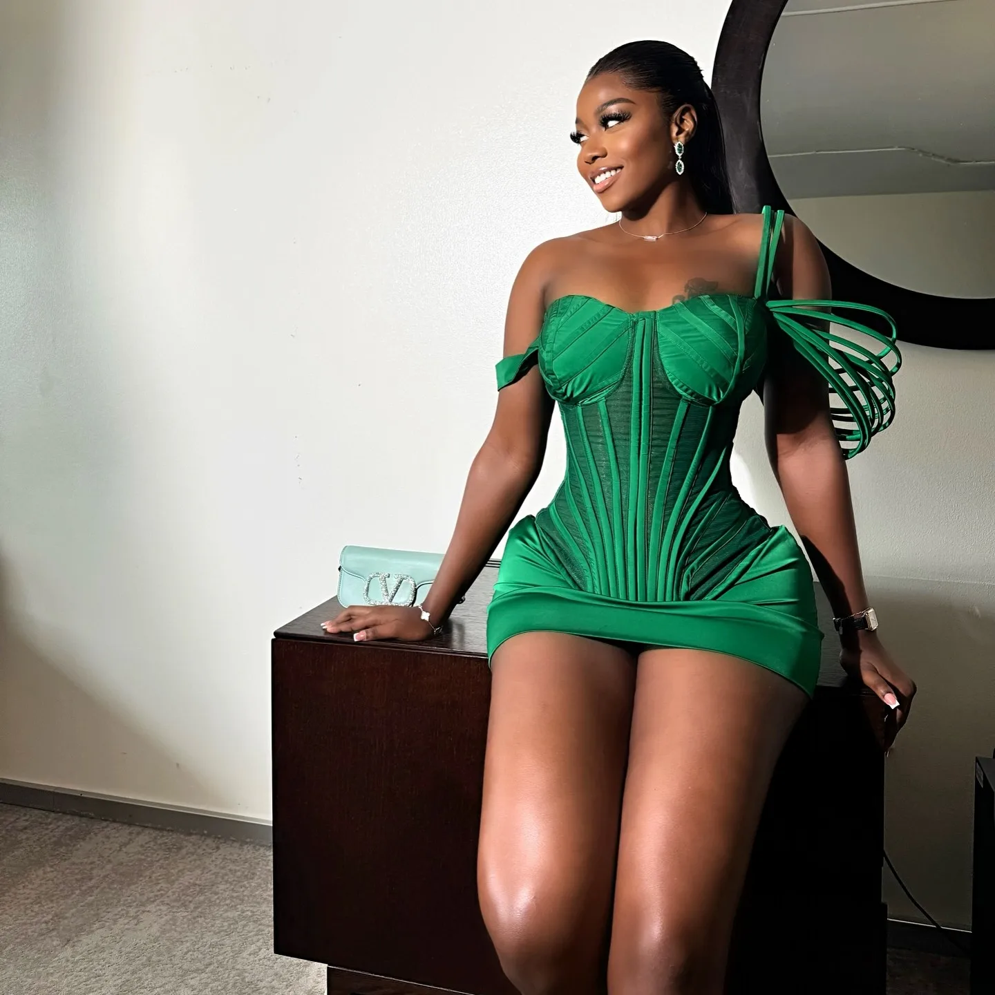 Emerald Green Sexy African Mini Women Dresses With Corset Bustier Sheath One Shoulder Aso Ebi Short Party Dress  Maxi Dress