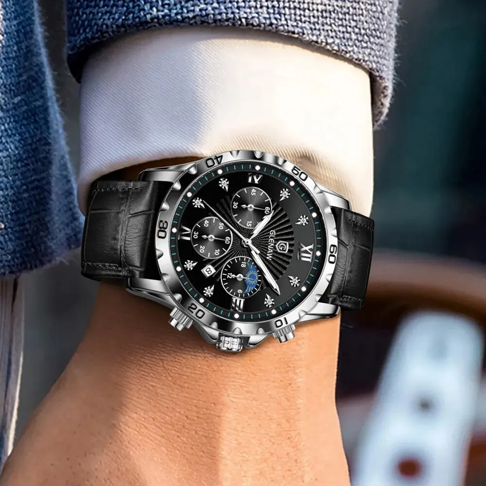 GLENAW 2023 New Men Automatic Quartz Watch For Men Top Brand Military Sport Chronograph Stainless Steel Waterproof Clock Relogio