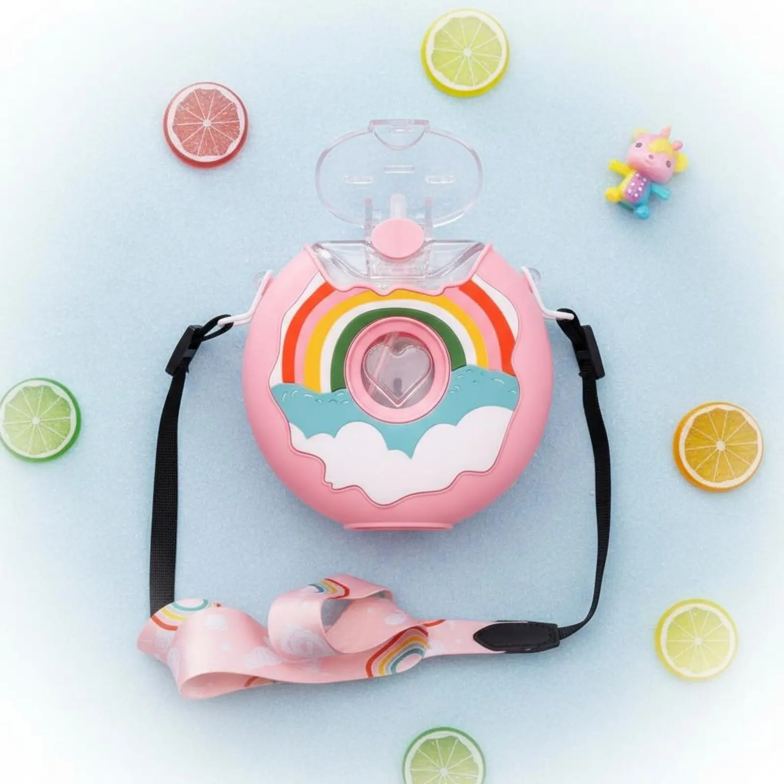 Donut Water Bottle Leak-Resistant Donut Shaped Spout Bottle Kids Straw Bottle with Strap Reusable Portable Children's Water