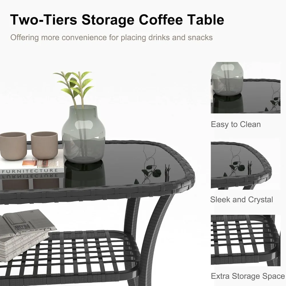 Set di mobili da giardino per esterni da 4 pezzi, sedie in rattan PE, mobili in vimini con tavolino in vetro e morbidi cuscini, da esterno