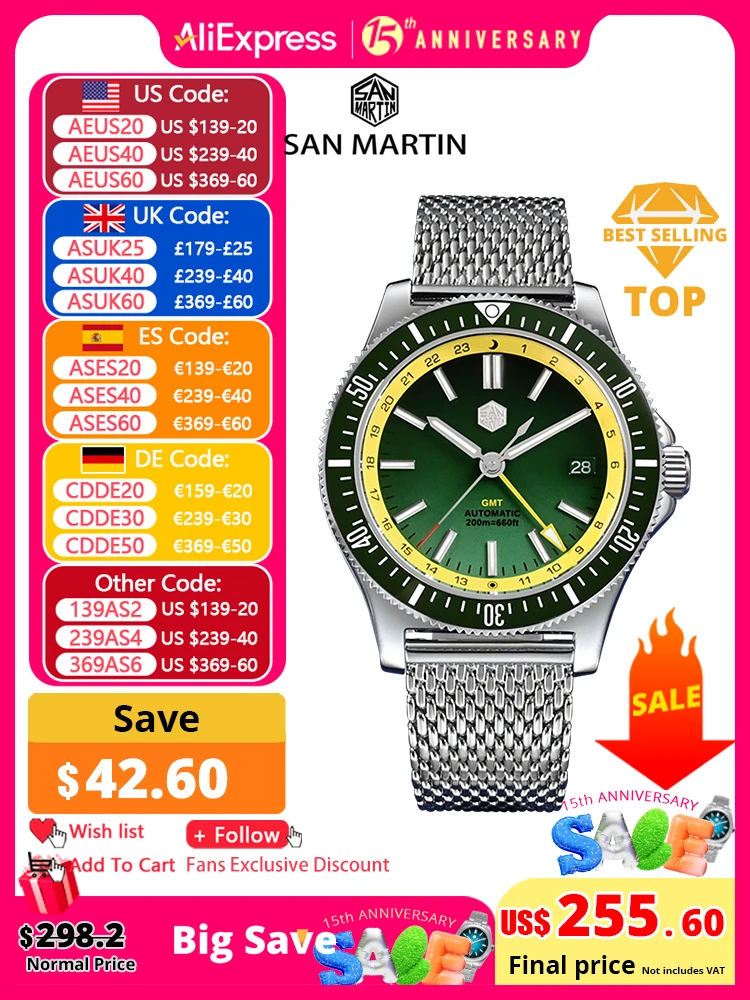 San Martin Design originale 41mm GMT Orologio subacqueo NH34 Meccanico automatico Bracciale a sgancio rapido Impermeabile 200m Luminoso SN0119