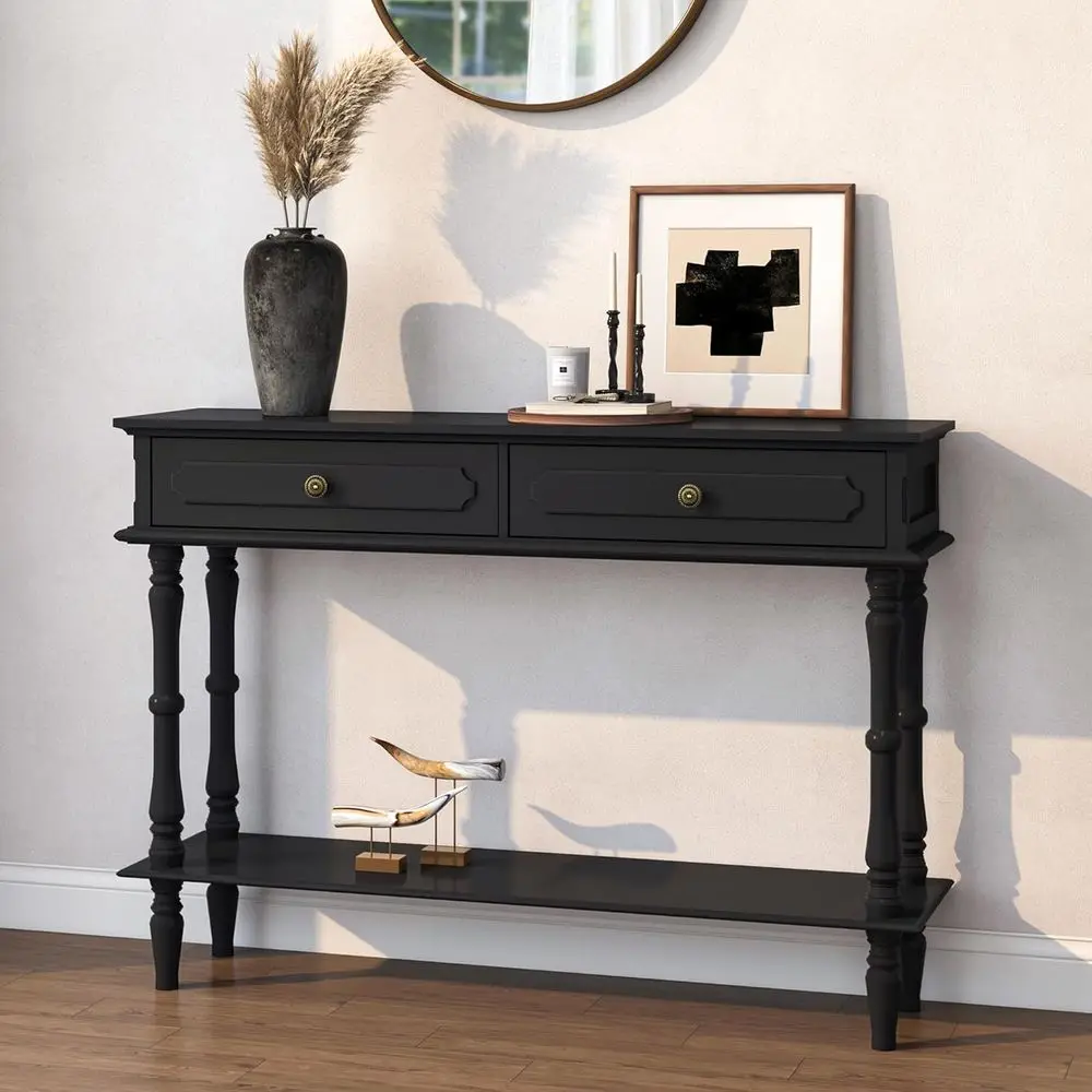ole Table with 2 Ders & Open Shel, Black Retro Entryway Table with Storage Cabi, Narrow Long Couch Table Behind Soa or Living Ro