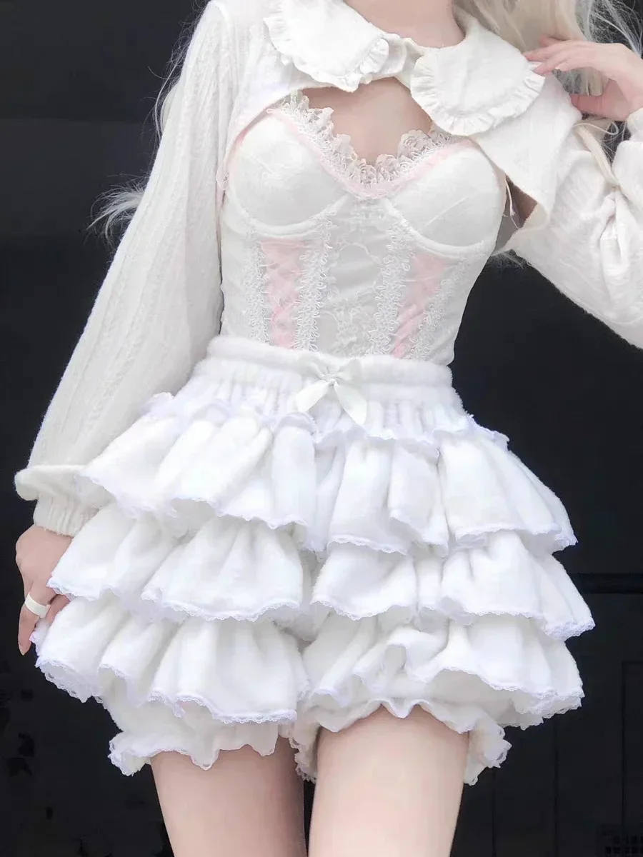 Autumn Winter JK Plush Shorts Japanese Ruffles Lantern Shorts Lolita Cosplay Custume Pumpkin Pants Sweet Pink White Black Shorts