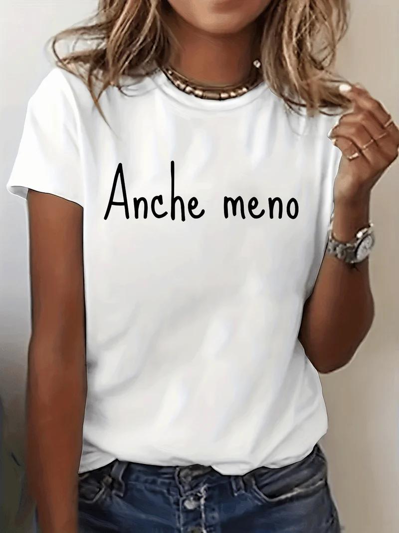 Italy Even Less Italian Classic Letter Print T-Shirt, Short Sleeve Crew Neck Casual Top For Summer & Spring, Women's Apparel