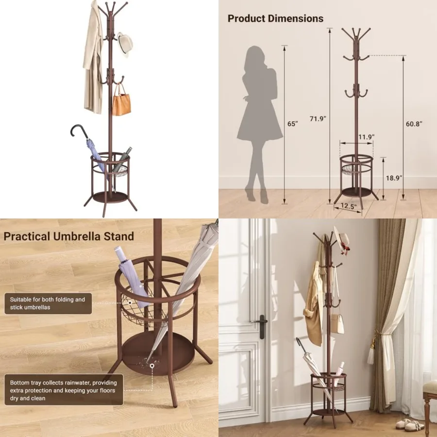 

Coat Rack Freestanding, Metal Coat Rack Stand with Umbrella Holder, Modern Coat Tree with 12 Hooks, Floor Standing Corner Hall