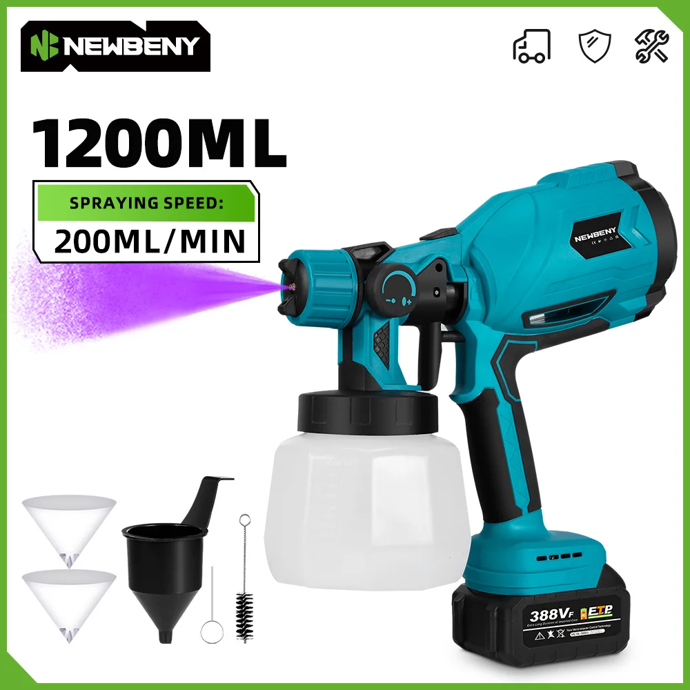 NEWBENY 1200ML Elektryczny Pistolet Natryskowy Bezprzewodowy Opryskiwacz do Farb Przenośny Opryskiwacz Domowy z Regulacją Przepływu Narzędzie do Akumulatorów Makita