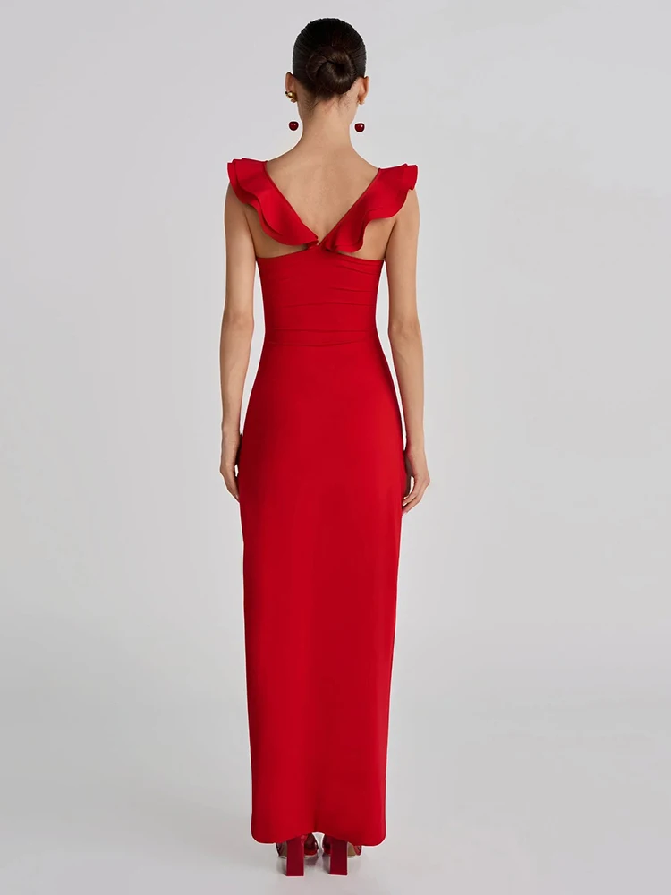 여성용 VC 우아한 레드 러플 숄더 이브닝 맥시 드레스 – 꽃무늬 가슴 디테일이 있는 민소매 바디콘 포멀 파티 가운