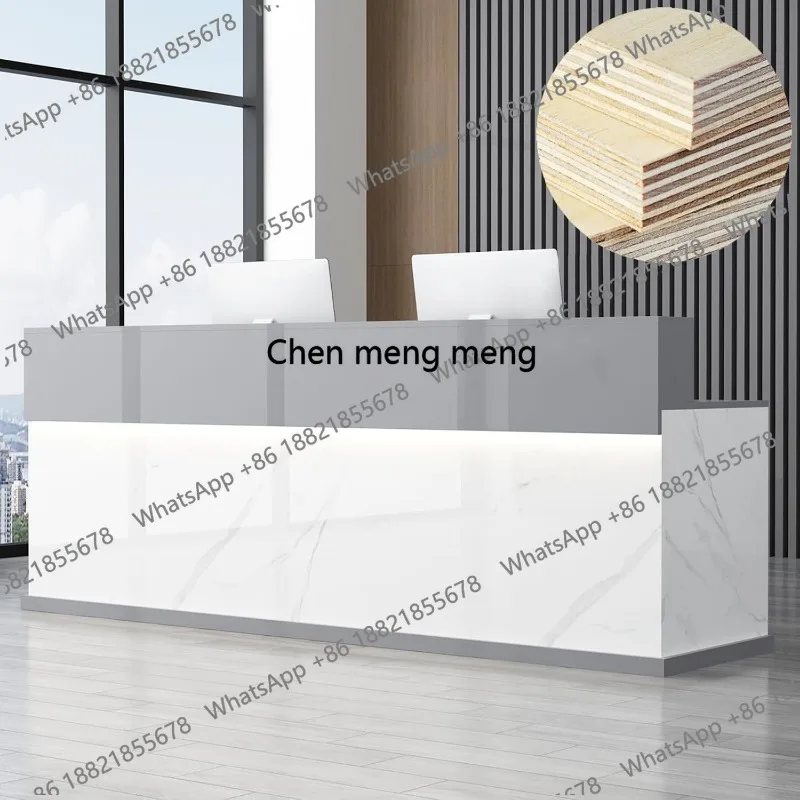 Reception Desk with Counter, Front Desk Reception Counter, Modern Reception Desk with Lockable Drawers ＆ Cabinets ＆ LED Light