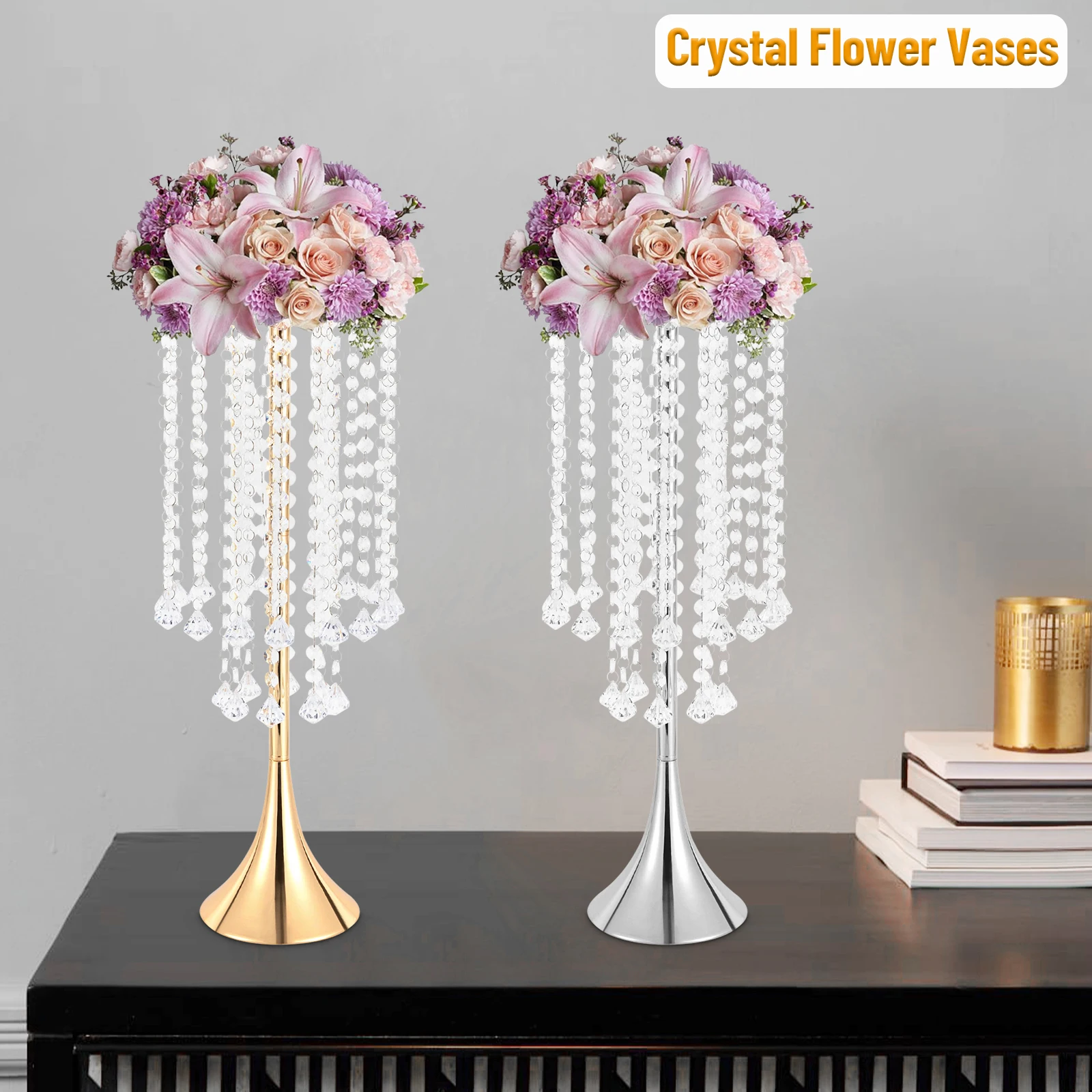 

2Pcs 21.9inch Luxurious Crystal Flower Vases Wedding Table Centrepieces Home Decoration(Gold/Silver)