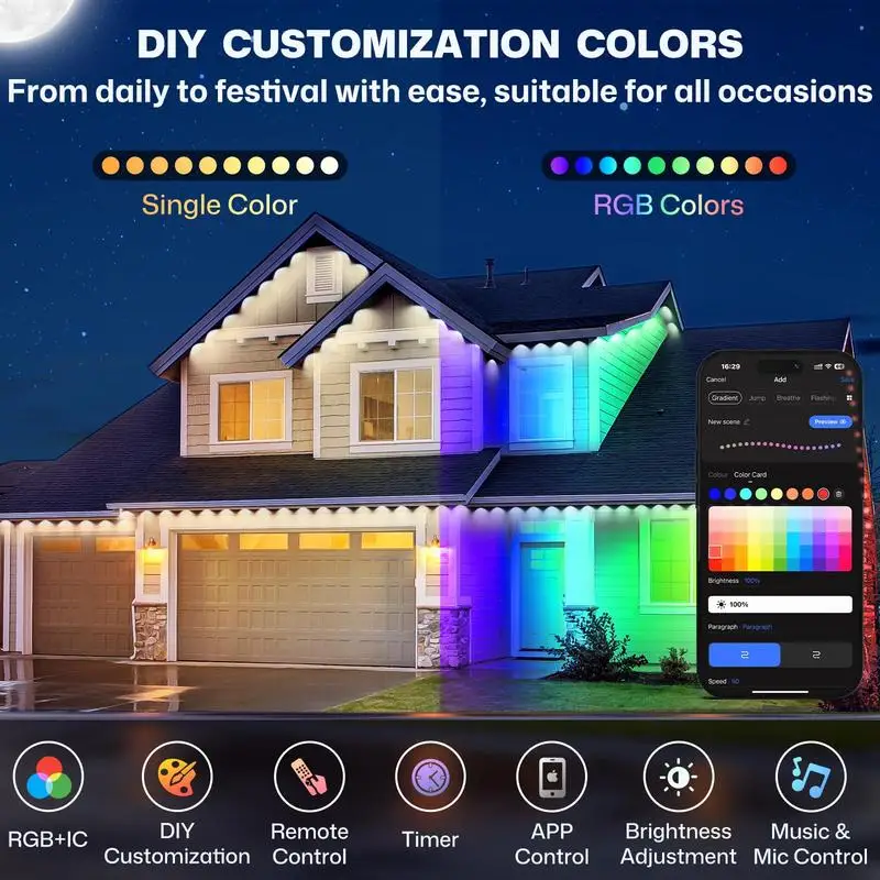 Smart RGBIC Eaves LED Lights, IP67 Waterproof Permanent Outdoor String Lighting, Color Changing Decor Lamp for Halloween Christmas Roof Holiday Party Decors