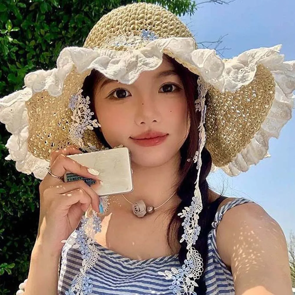 

Breathable Vacation Beach Cap with Garland with Lace Big Brimmed Straw Hat Sunshade Topi Lightweight Woven Sun Cap Women
