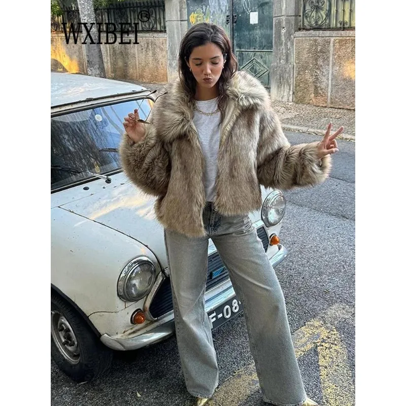 2024 Winter New Fluffy Fur Coat Women Casual Lapel Long Sleeve Faux Fur Cropped Coat Women Soft Thick Warm Short Fur Jacket