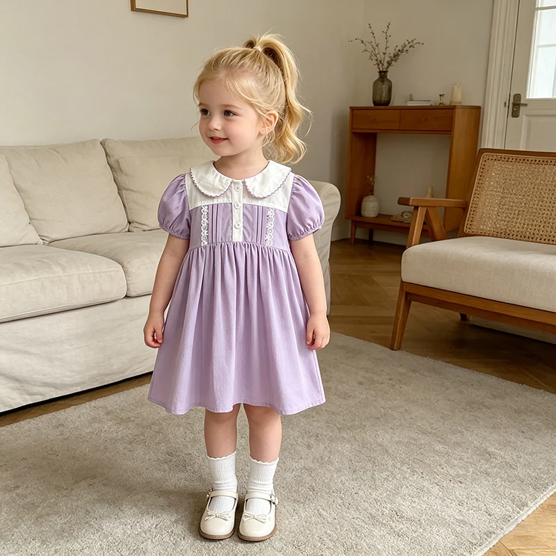 Princess Children Clothing Summer New Girls 2-6Yrs Style Girls Purple Lace Dress Short Sleeved Stylish Girls Dress