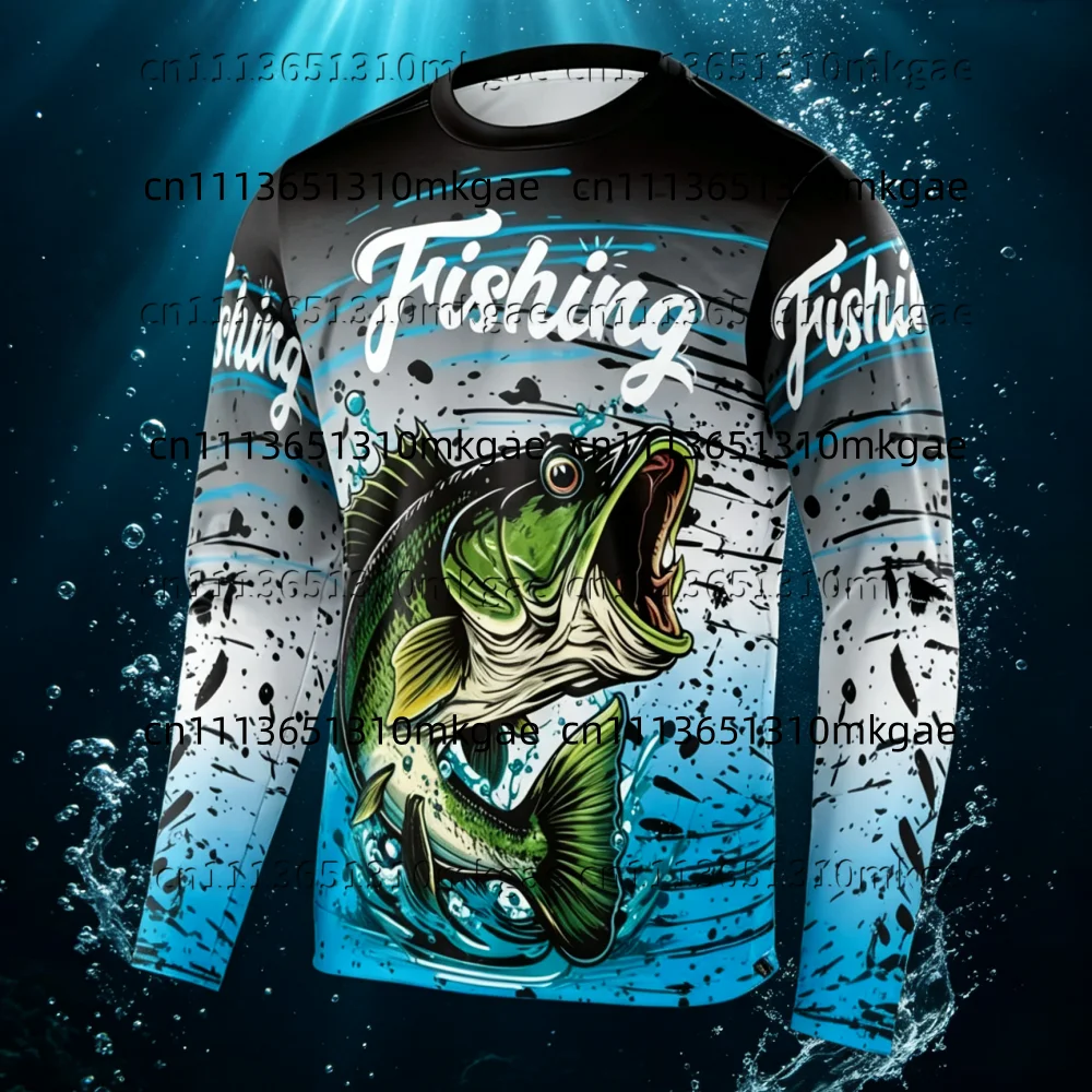 Outdoor Angling Long Sleeve Shirt Men Bass Fish Splash Print Camouflage Protection Quick Dry Breathable Fishing Sports Jersey