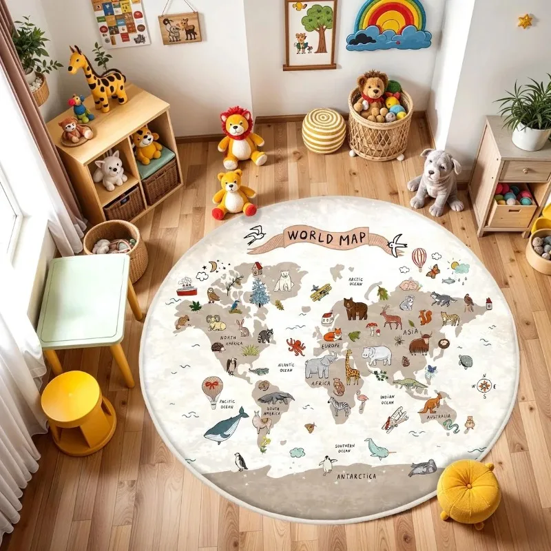  Play Round Floor Mat Animal World Map Printed Carpet  Bedroom Bedside Non Slip Foot Mat Home Decoration