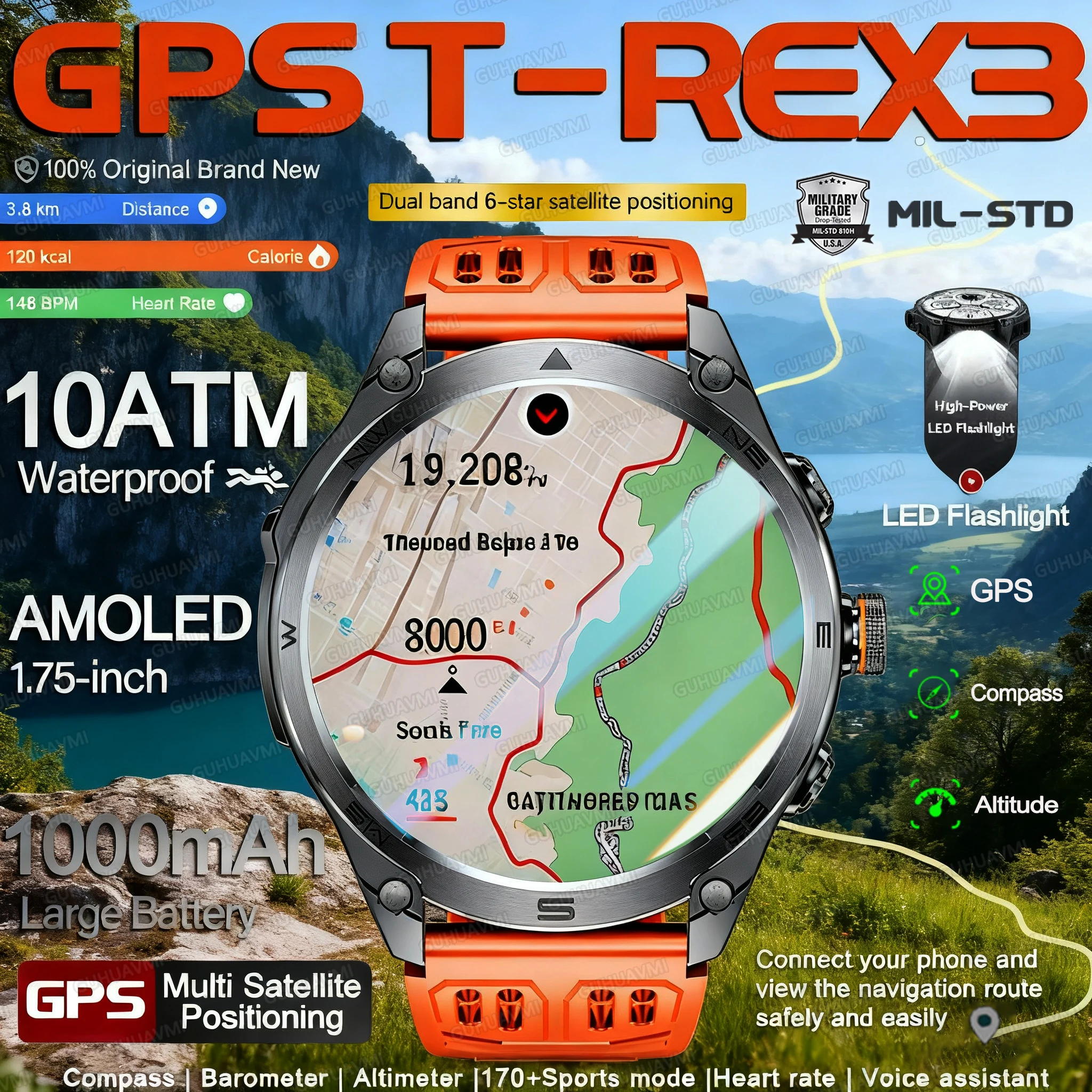 

Military NEW Updated Outdoor GPS Smart Sports Monitoring Men HD AMOLED screen 10ATM Waterproof 1000mAh NFC BT call Smart Watch