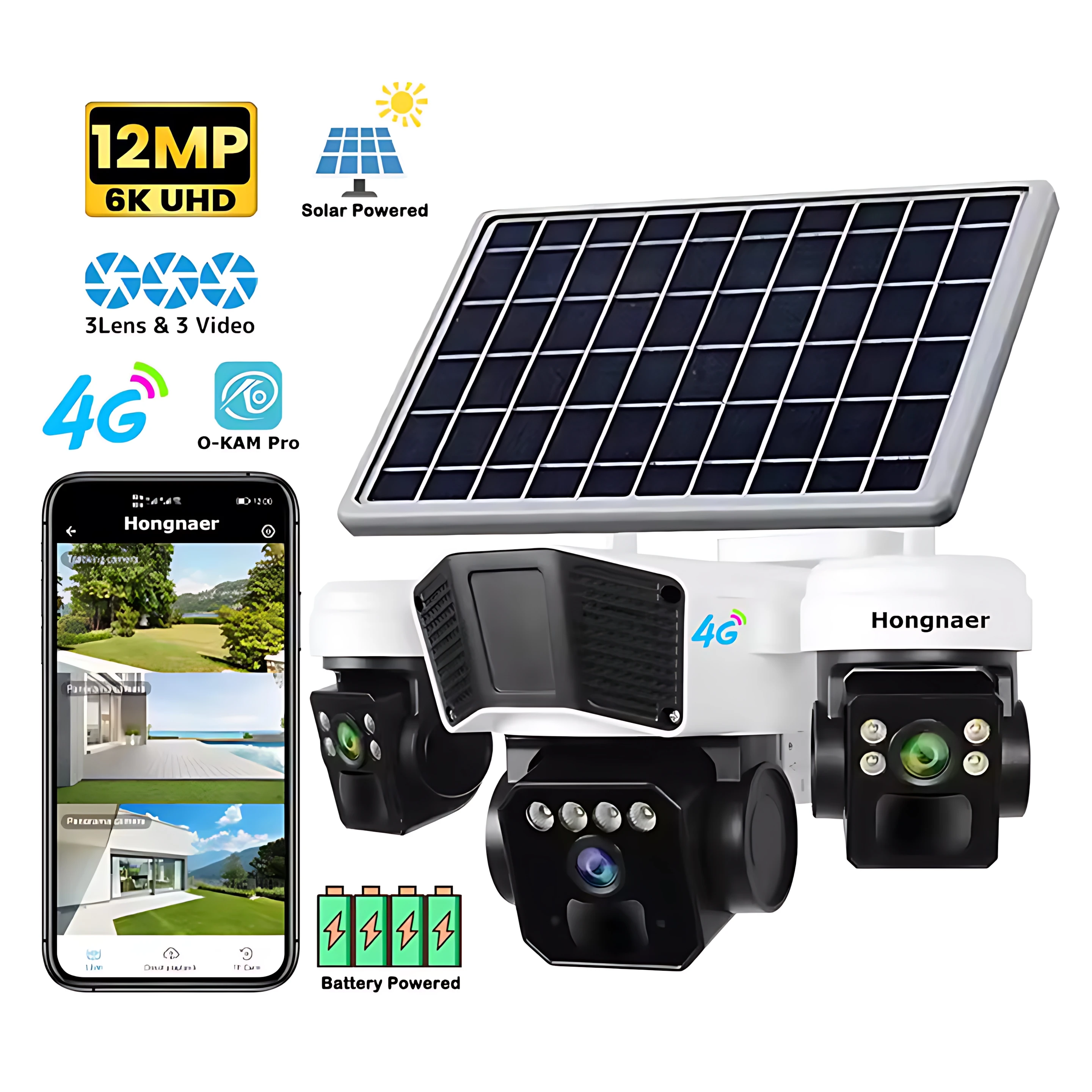

12MP Battery Solar Powered Wireless Surveillance IP Camera QG53 Pro 6K 3 Screen Security Outdoor 4G Sim Card Solar CCTV Camera
