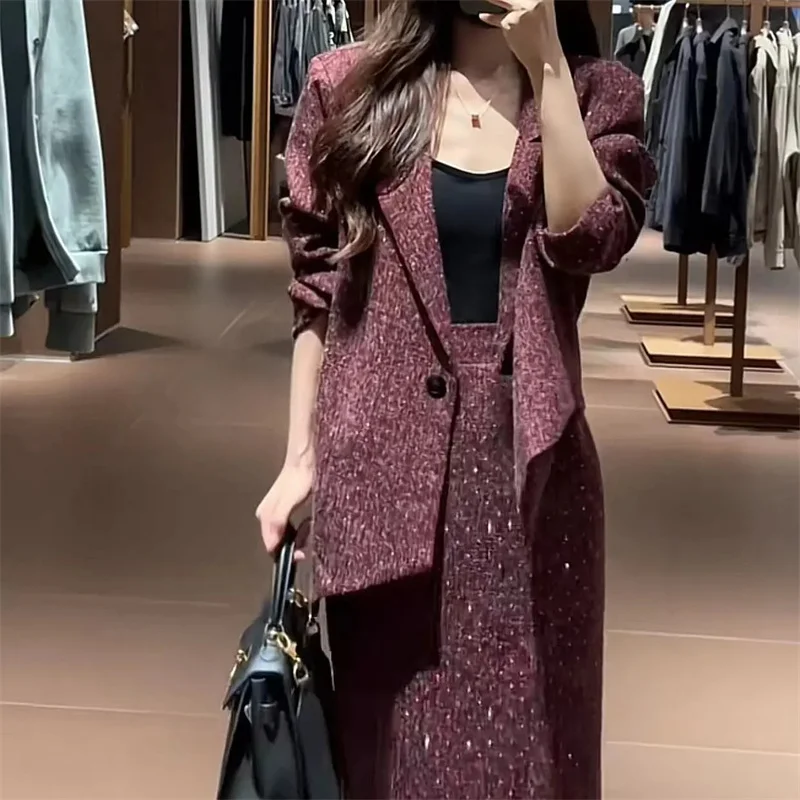

Spring Ladies Fashion Long Sleeves Split Skirts 2PCS Retro Women High Waist Maxi Skirt Outfit Female Casual Two Piece Skirt Set