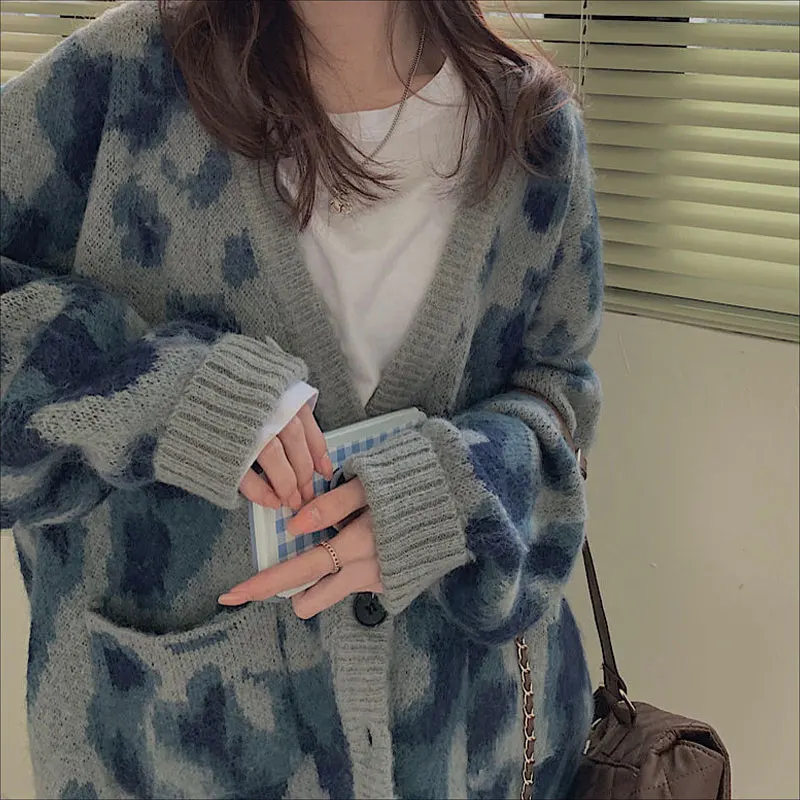

Vintage Tie Dye Knitted Sweaters Autumn Winter New Korean V-Neck Loose Women's Clothing Stylish Pockets Single-breasted Cardigan