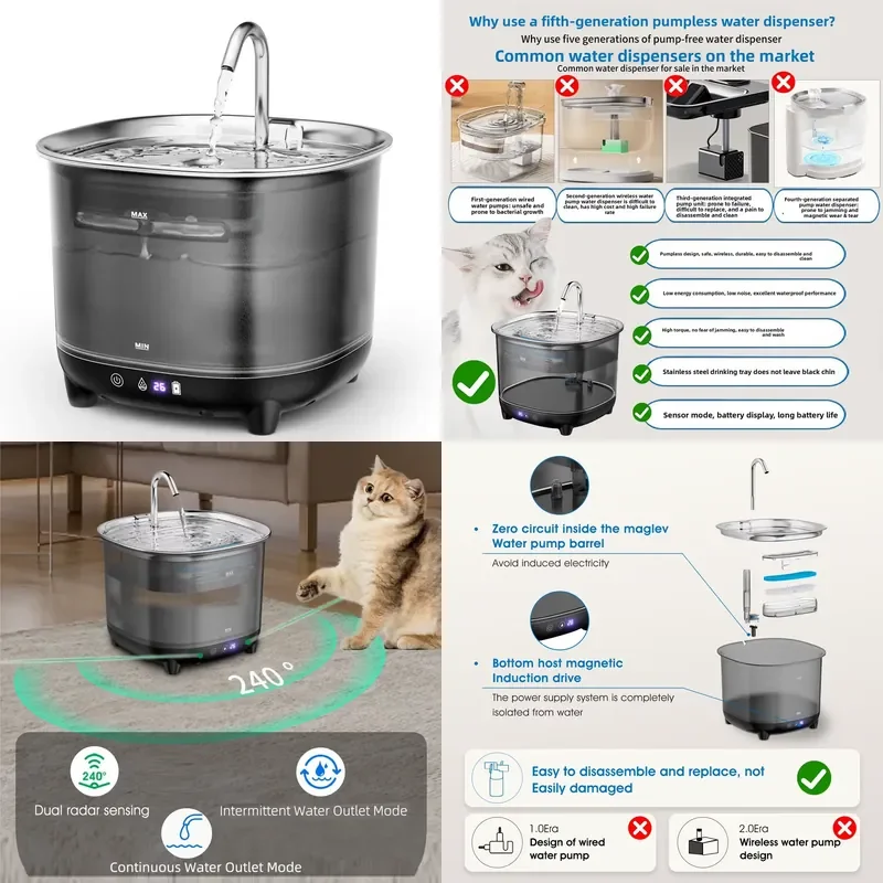 New stainless steel automatic cycle charging smart pet water dispenser removable feeder compatible with US and UK national