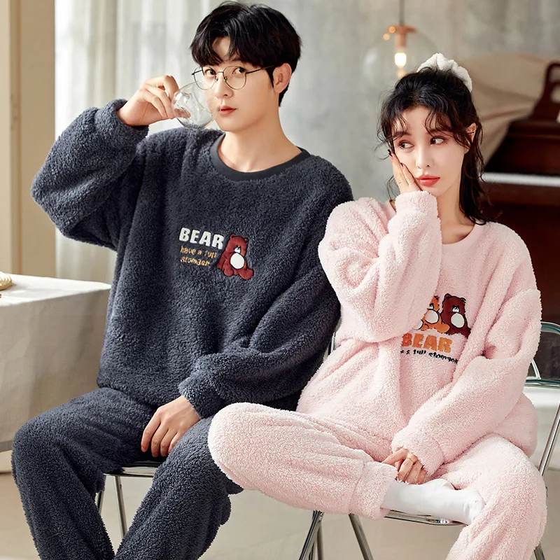 

2023 New Warm Coral Fleece Autumn Winter Pajamas Women Flannel Thickening Couple Long-Sleeved Home Service Men's Sleepwear Suit